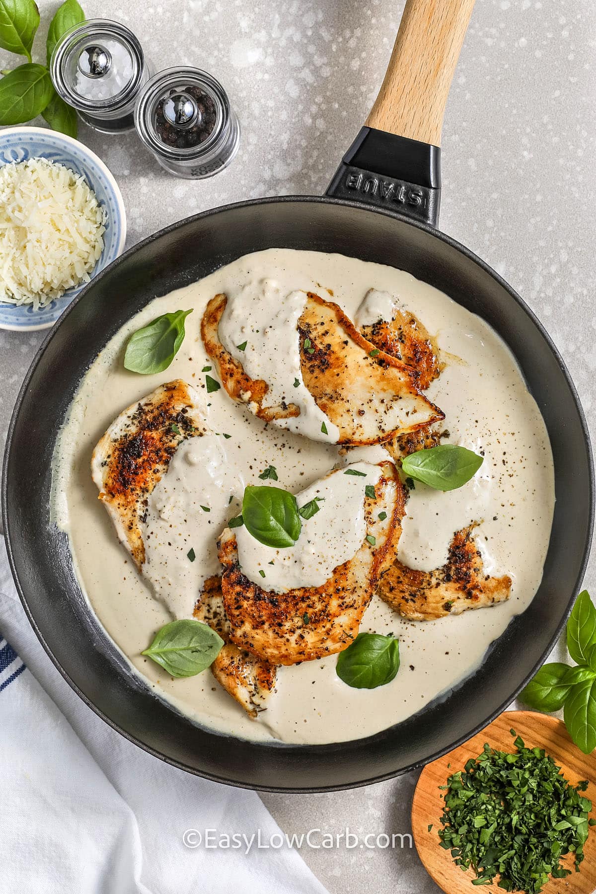 Cream Cheese Chicken with basil in the pan