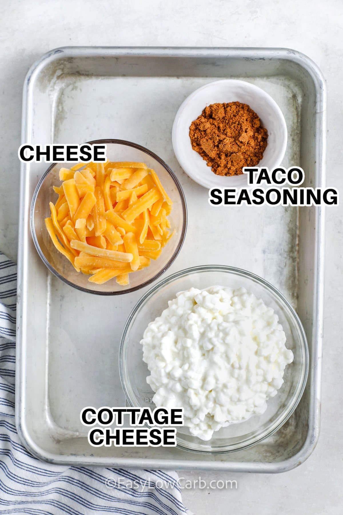 cheese , taco seasoning and cottage cheese with labels to make Cottage Cheese Queso