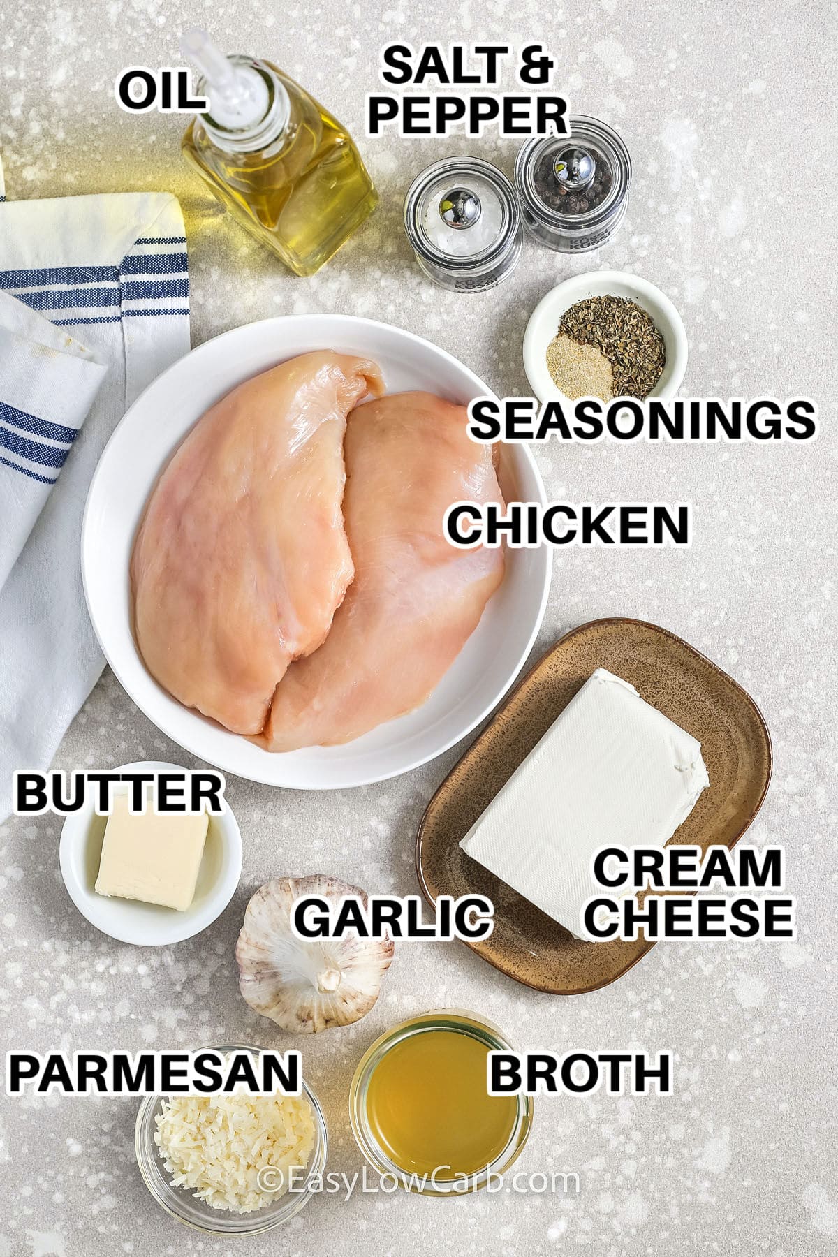 oil , seasonings , chicken , butter , garlic , cream cheese , broth , parmesan , salt and pepper with labels to make Cream Cheese Chicken
