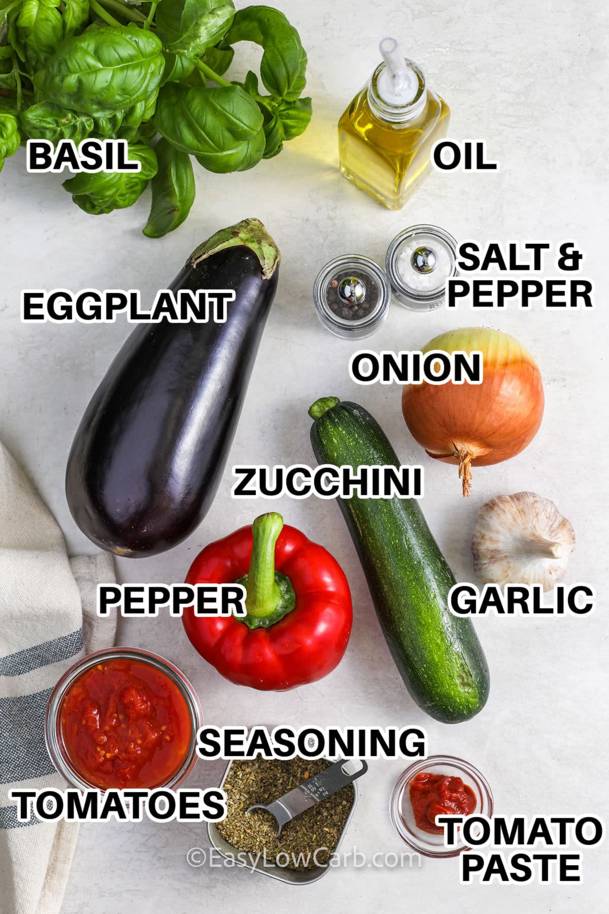 basil , oil , eggplant , zucchini , onion , garlic , pepper , tomatoes , tomato paste , seasoning with labels to make Easy Ratatouille Recipe