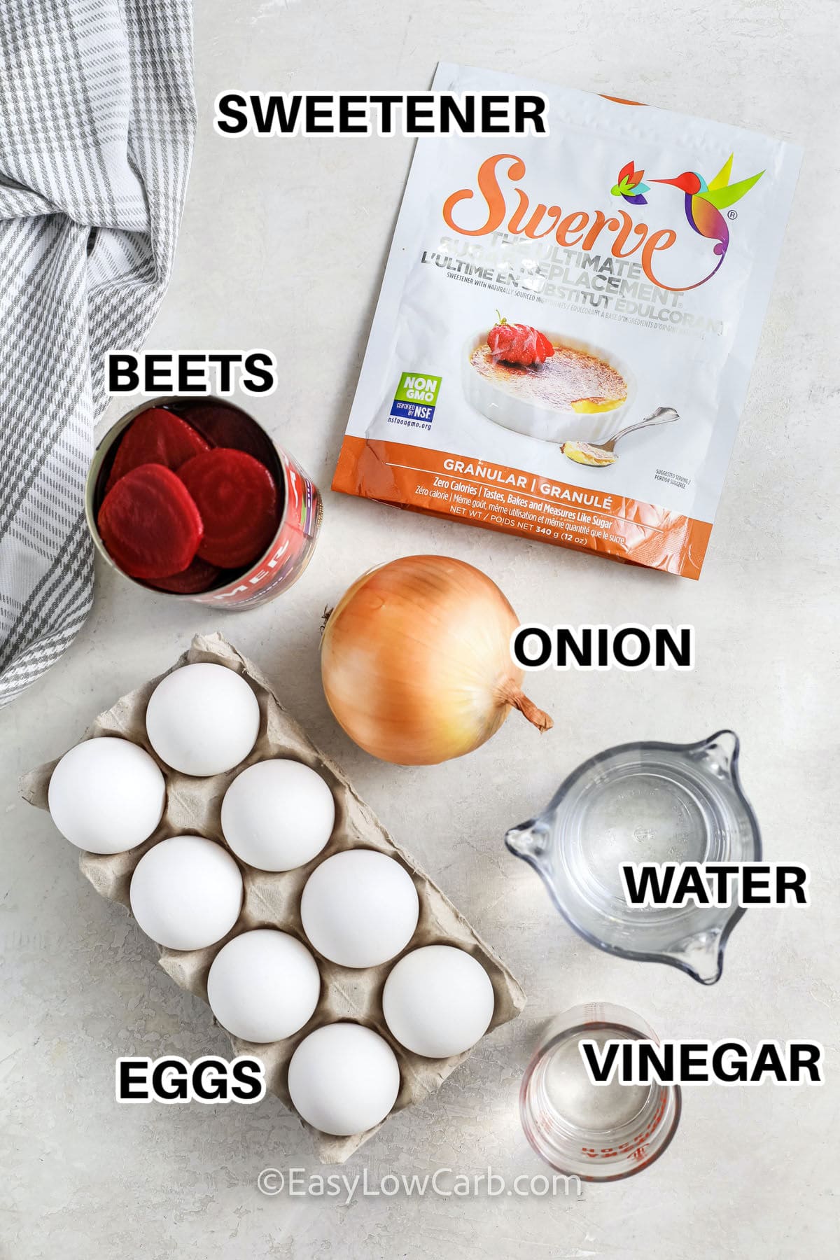 beets , onion , water , vinegar , eggs , sweetener with labels to make Pickled Eggs and Beets