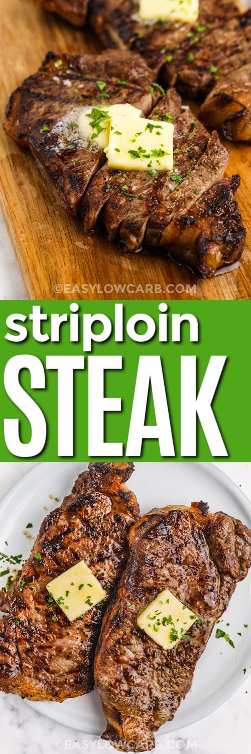 Grilled Striploin Steak on a wooden board and plated with a title