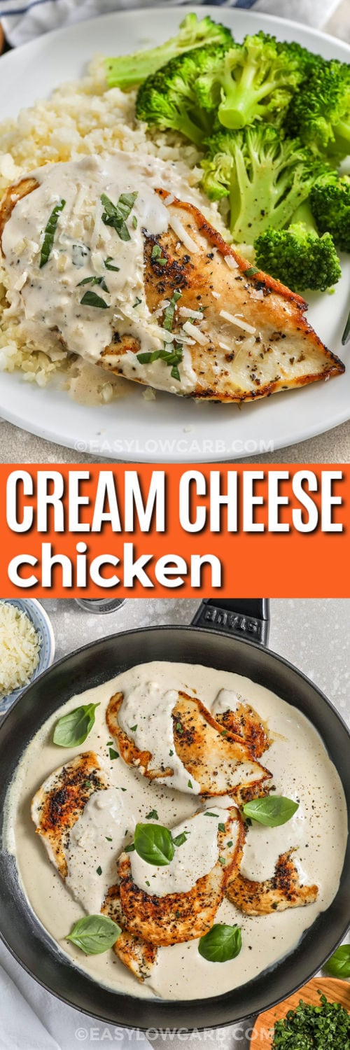Cream Cheese Chicken in the pan and plated on rice with writing