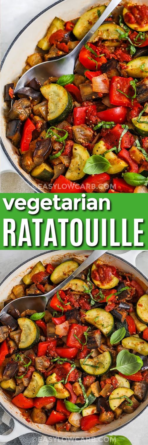 Easy Ratatouille Recipe in the pot with a spoon and close up