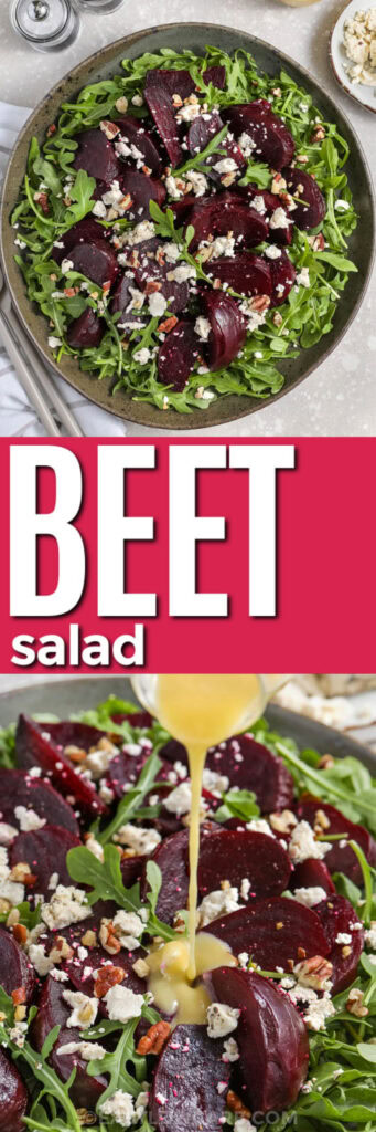 pouring dressing over Roasted Beet Salad and close up photo with a title