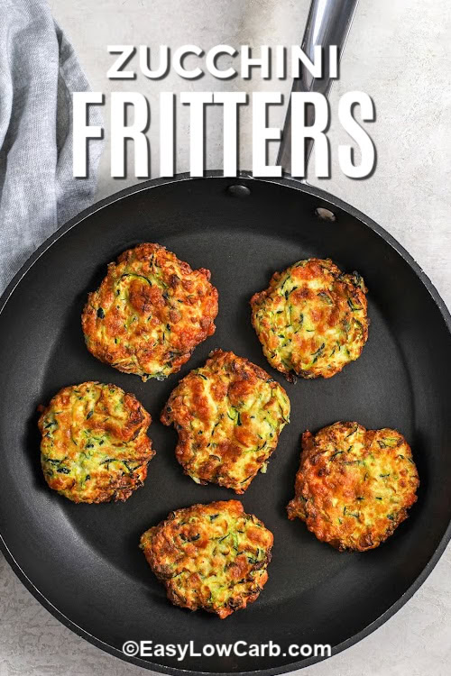 zucchini fritters in a frying pan with a title