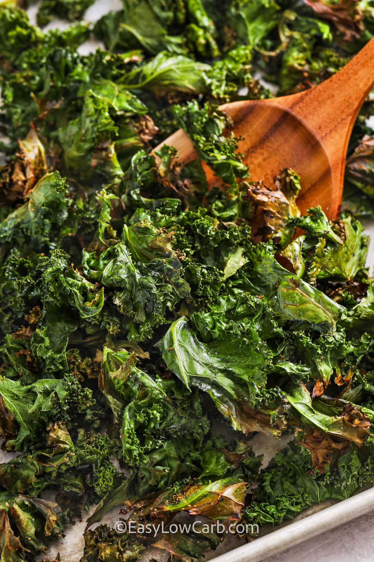 Roasted Kale with a wooden spoon