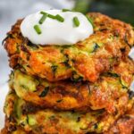 a stack of zucchini fritters with a title
