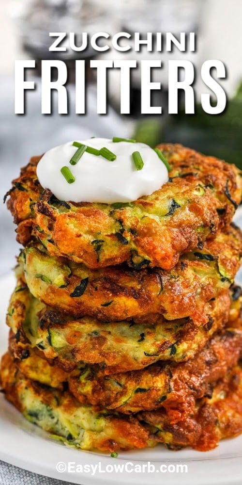 a stack of zucchini fritters with a title