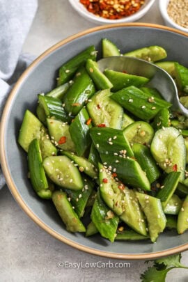 a bowl of prepared smashed cucumber salad