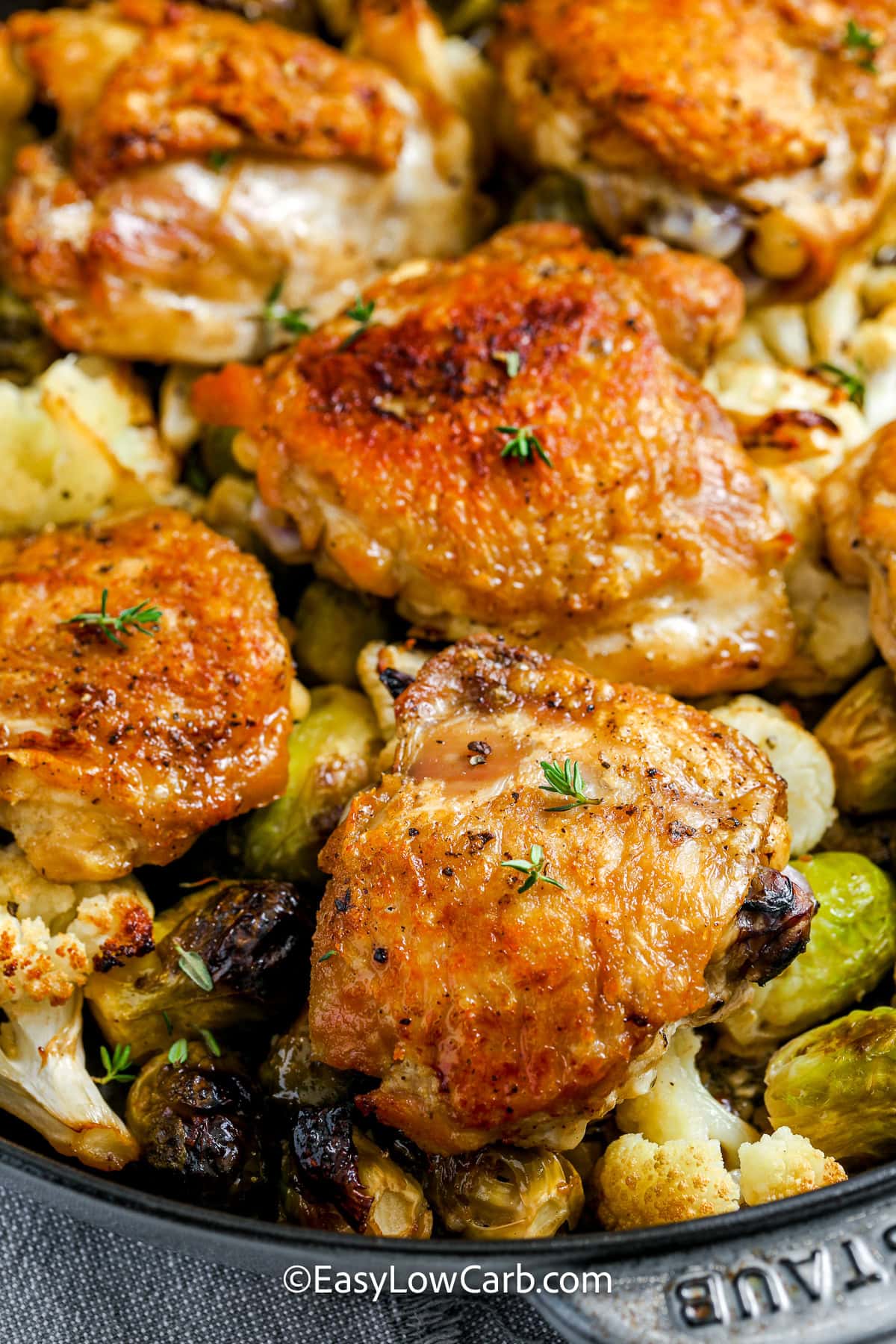 braised chicken thighs with cauliflower and brussels sprouts