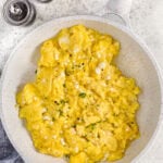 pan of cooked Cottage Cheese Scrambled Eggs