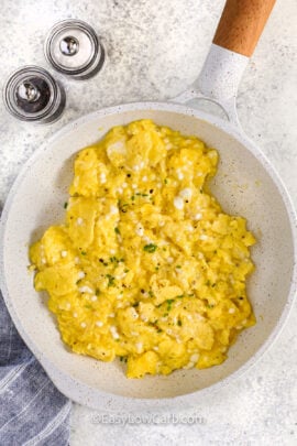 pan of cooked Cottage Cheese Scrambled Eggs