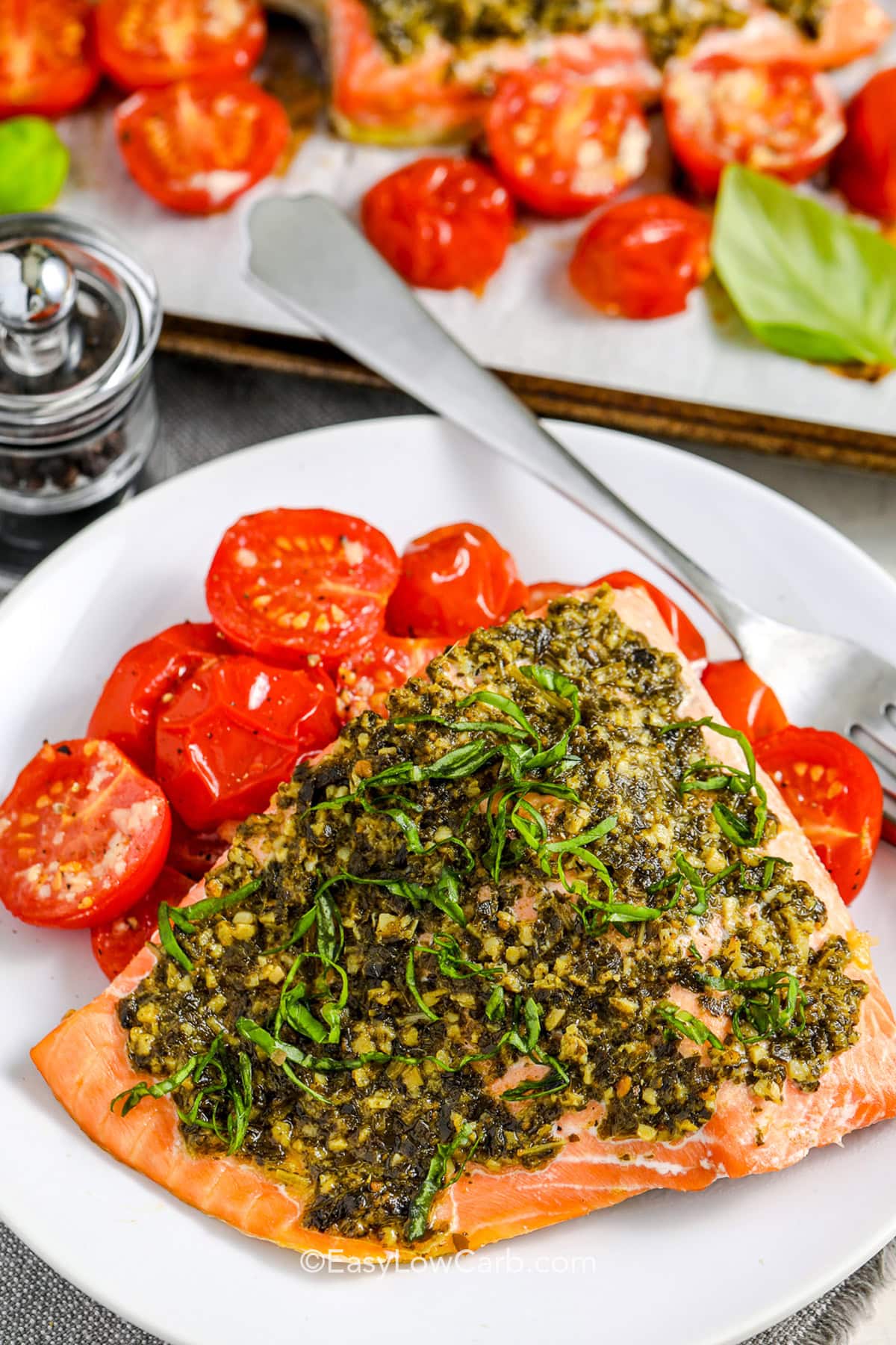 cropped pesto salmon on a plate