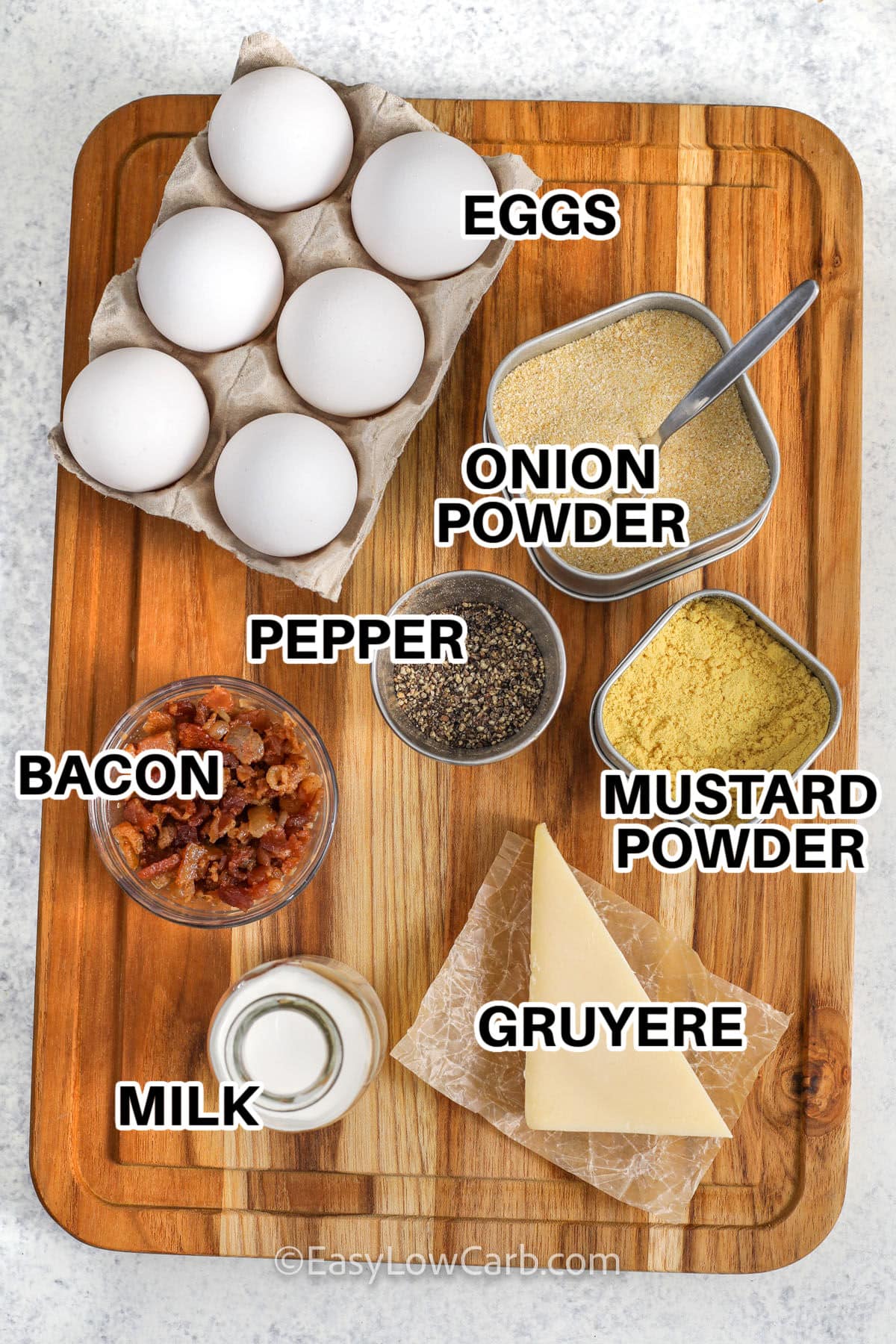 eggs , onion powder , mustard powder , pepper , bacon , milk , gruyere cheese with labels to make Bacon and Gruyere Egg Bites