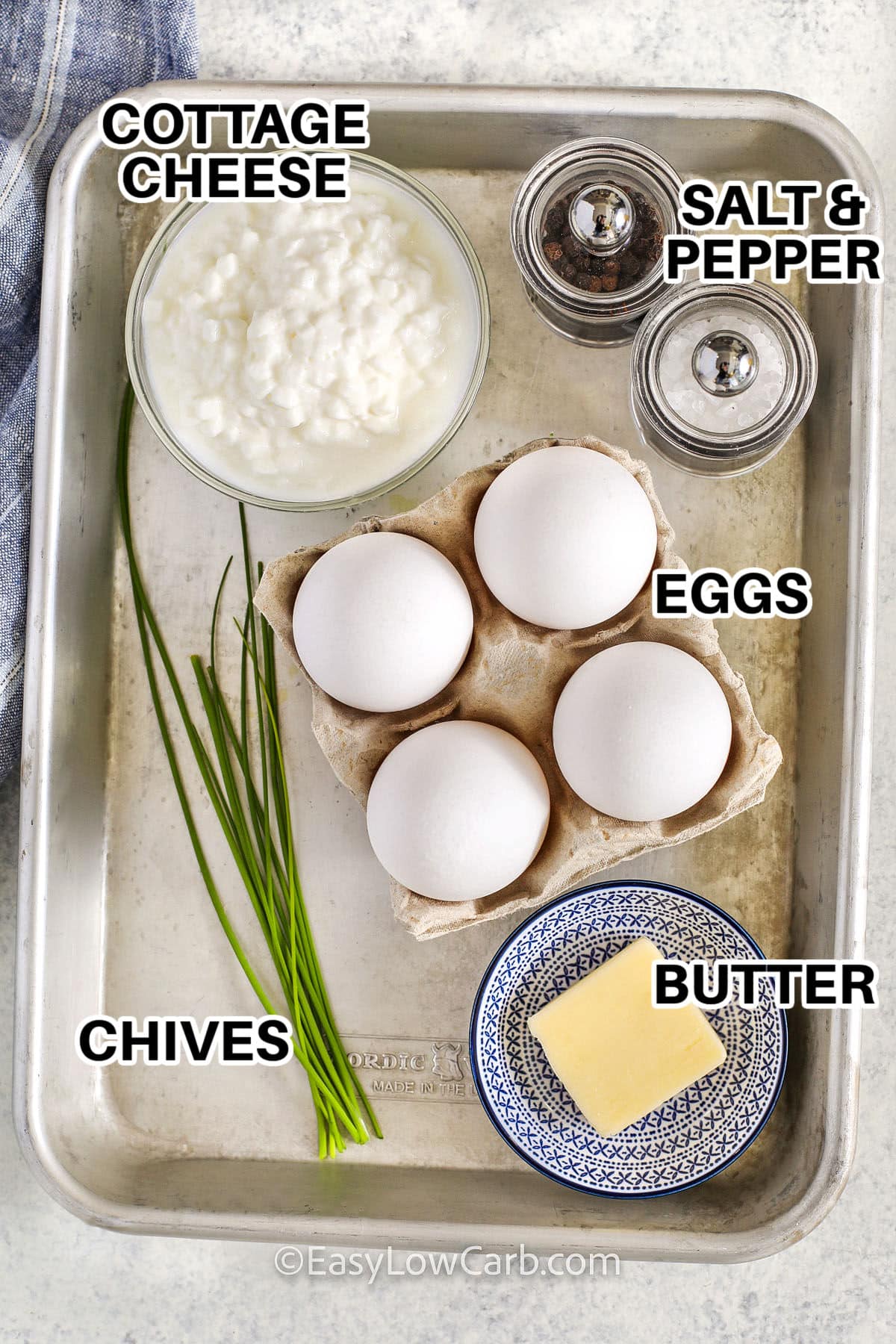 cottage cheese , eggs , butter , chives , salt and pepper with labels to make Cottage Cheese Scrambled Eggs