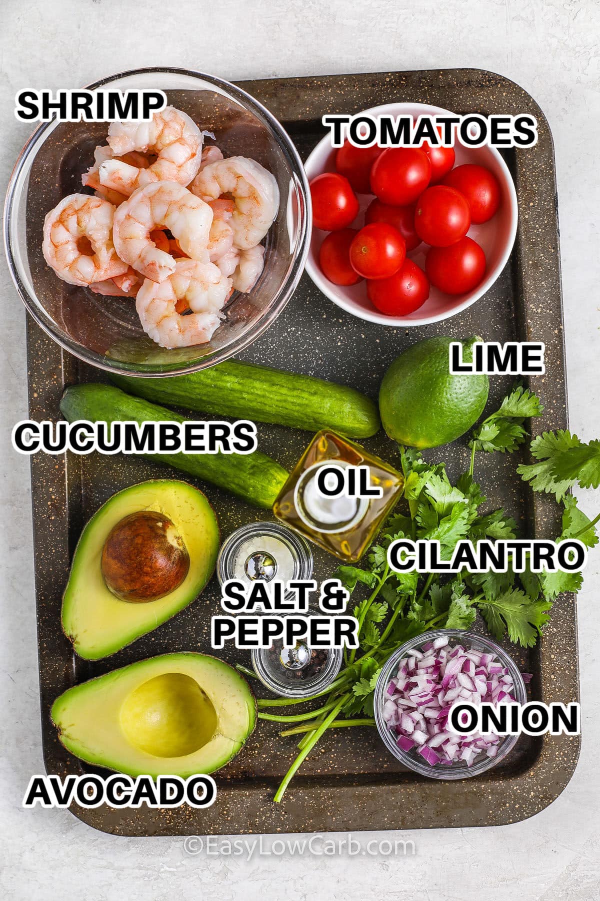 shrimp , tomatoes , lime , cucumbers , oil , avocado , onion , cilantro , salt and pepper with labels to make Shrimp Avocado Salad