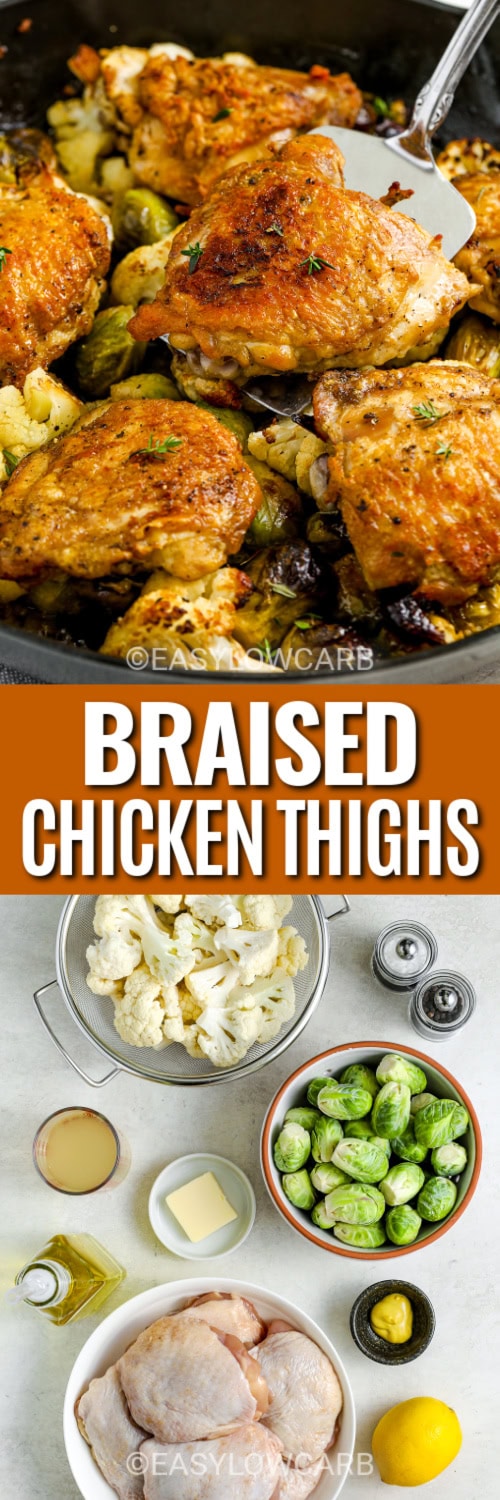 braised chicken thighs and ingredients with text