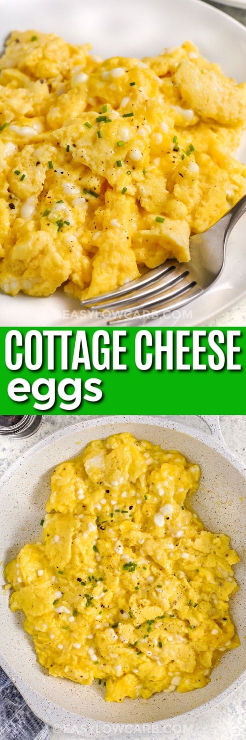 Cottage Cheese Scrambled Eggs on a pan and plated with a title