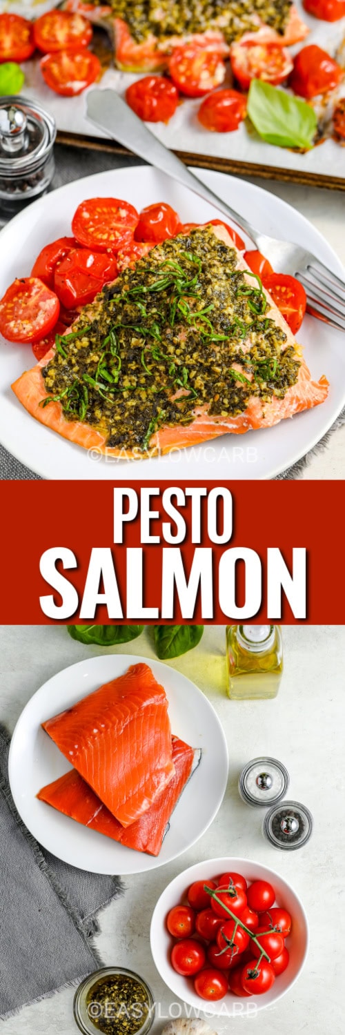 pesto salmon and ingredients with text