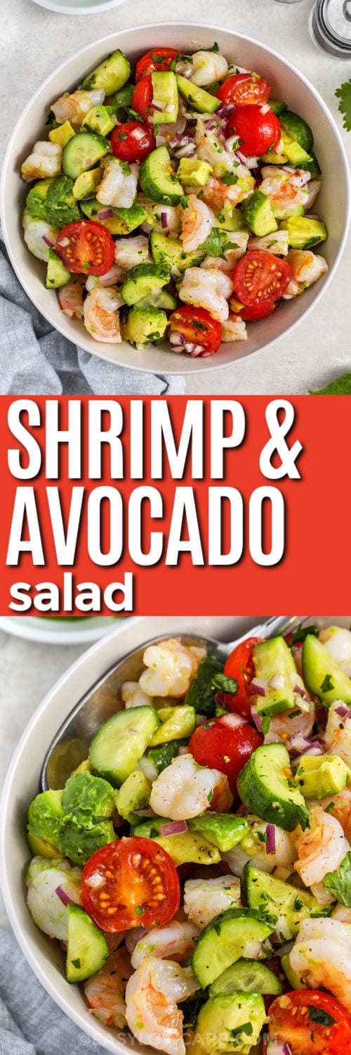 fresh Shrimp Avocado Salad in a bowl and close up with a title