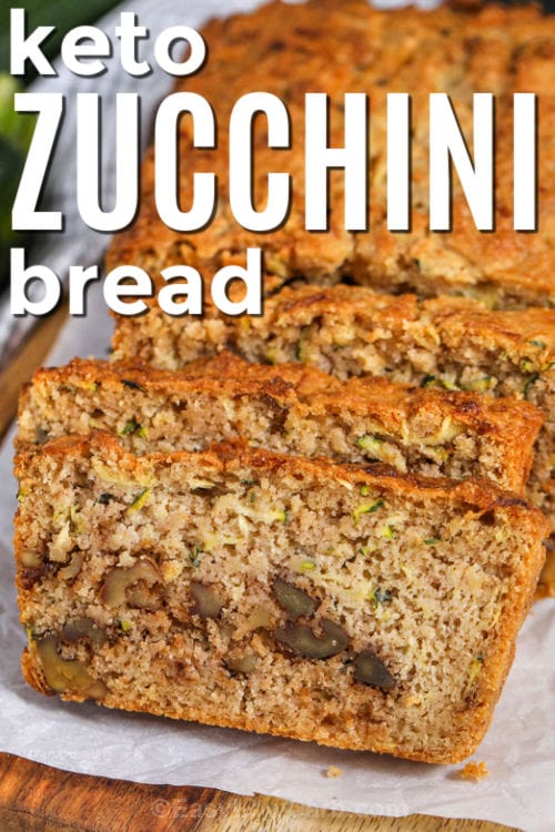 sliced Keto Zucchini Bread with a title