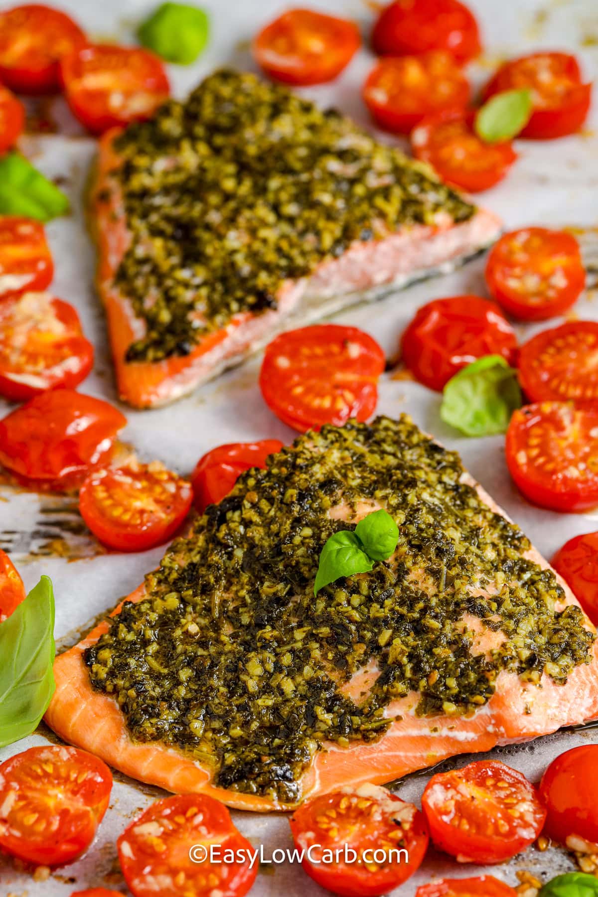 pesto salmon and tomatoes on a pan