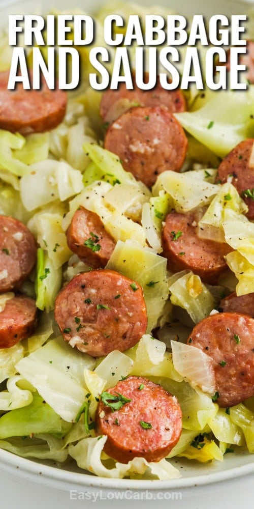 Fried cabbage and sausage recipe in a bowl with a title