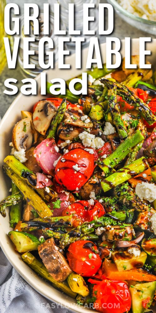 close up of Grilled Vegetable Salad with writing