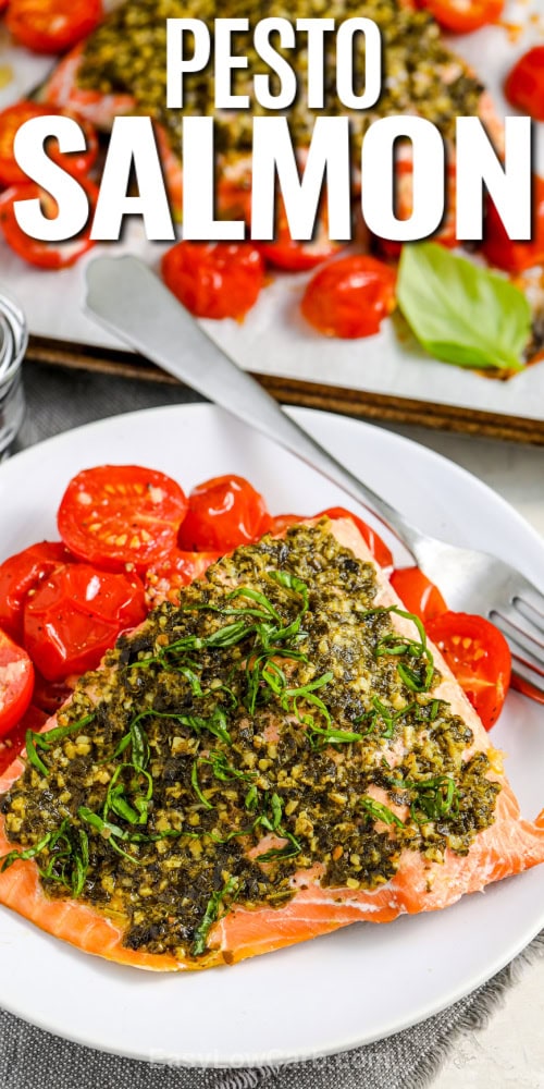 pesto salmon and tomatoes with text