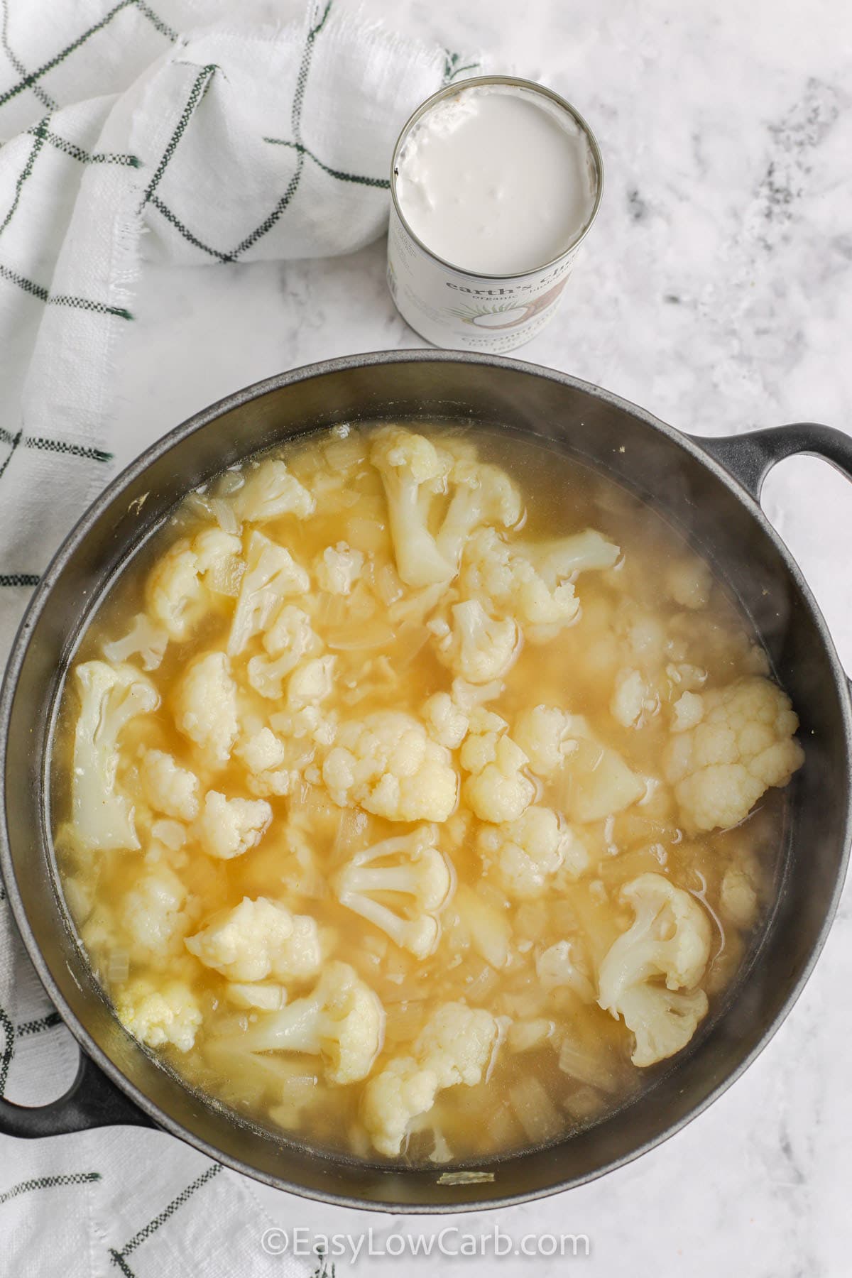 cooking ingredients with cauliflower to make Curried Cauliflower Soup.