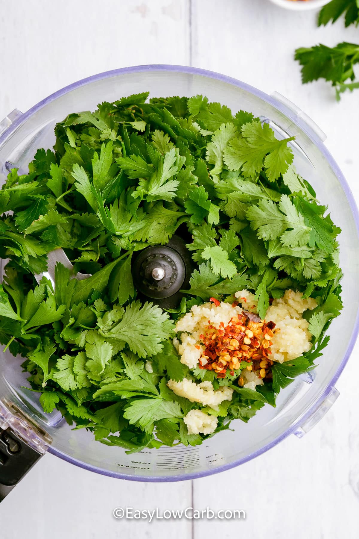 ingredients in a food processor to make Easy Chimichurri Sauce