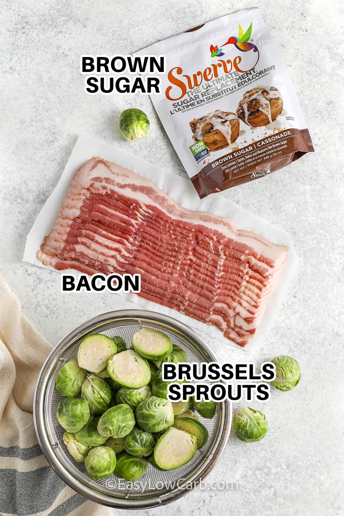 ingredients to make bacon wrapped brussel sprouts, with labels