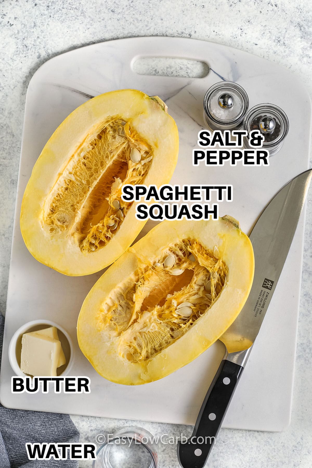 spaghetti squash , butter , water , salt and pepper with labels to make Microwave Spaghetti Squash