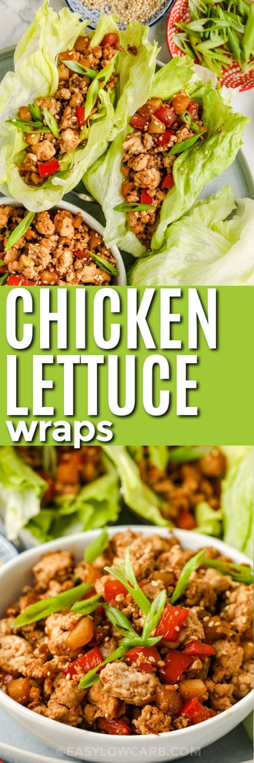 plated Chicken Lettuce Wrap Recipe and a photo of filling in a bowl with a title