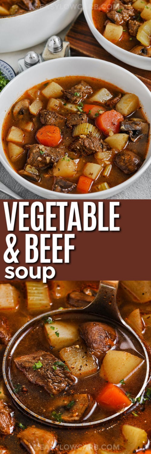 Homemade Vegetable Beef Soup in a laddle and plated with a title