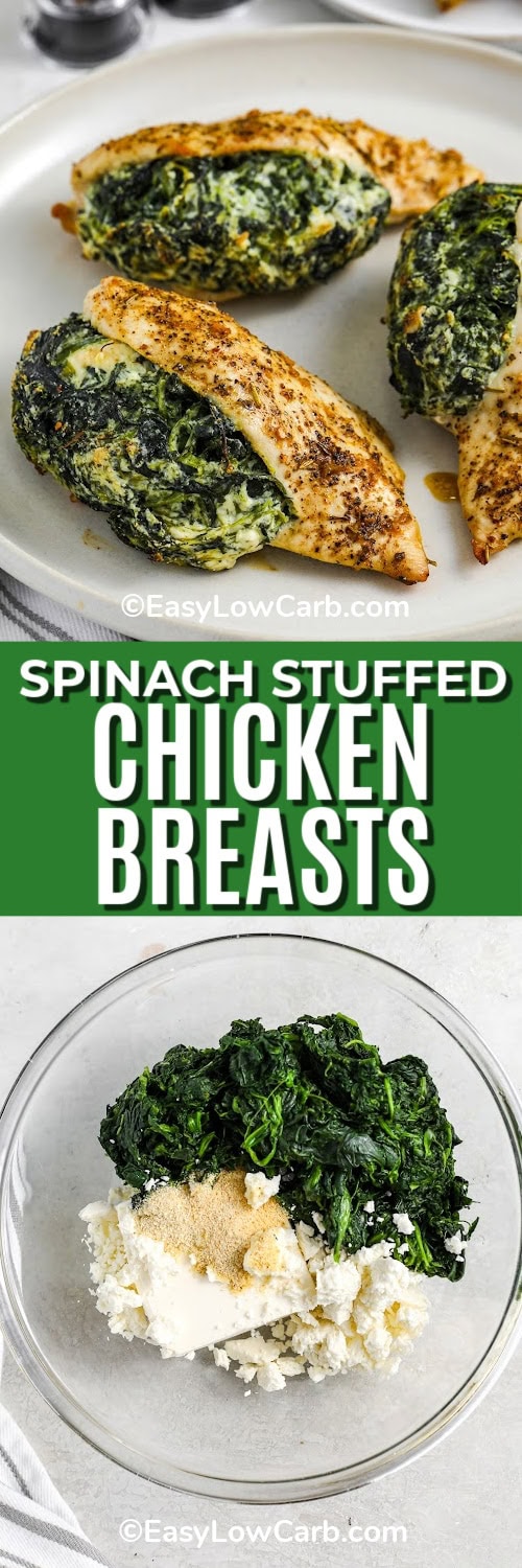 Spinach stuffed chicken breast is a delicious way to upgrade a classic baked chicken recipe. Juicy chicken breasts are filled with spinach and feta cheese, then topped with warm Cajun spices that add plenty of flavor. This low-carb chicken dinner is simple to prepare and perfect for busy evenings when you want something hearty. Serve it with roasted vegetables or cauliflower mash for a complete meal. #easylowcarb top image - cooked spinach stuffed chicken breasts on a plate. Bottom image - spinach filling being prepared in a bowl with a title