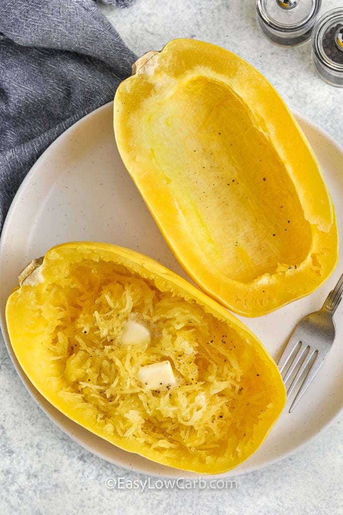 adding butter and seasonings to Microwave Spaghetti Squash