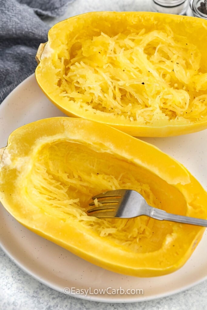 scraping Microwave Spaghetti Squash with a fork