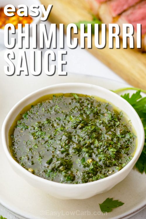 bowl of Easy Chimichurri Sauce with a title