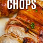 a bacon wrapped pork chop sliced on a plate with a title