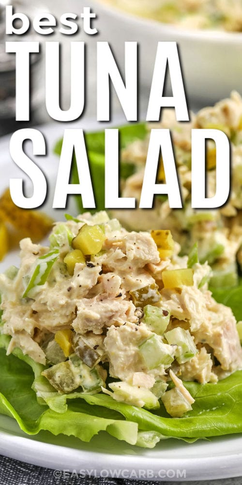 close up of crisp Keto Tuna Salad with a title