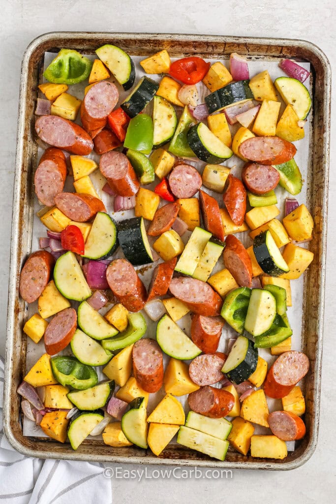 Sheet Pan Sausage and Vegetables before cooking