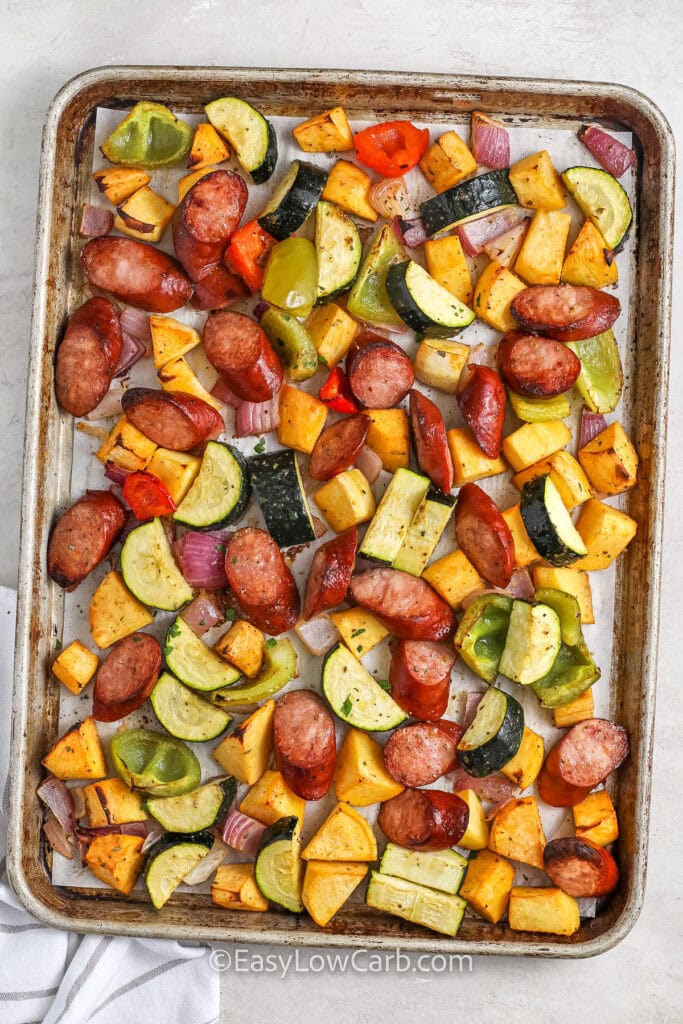 cooked Sheet Pan Sausage and Vegetables