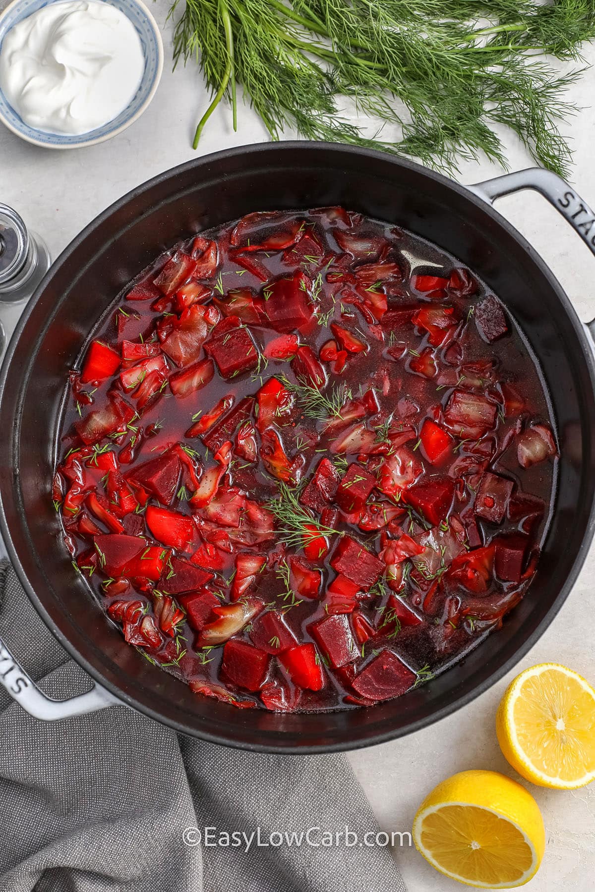 beet soup ingredients cooked in a pot