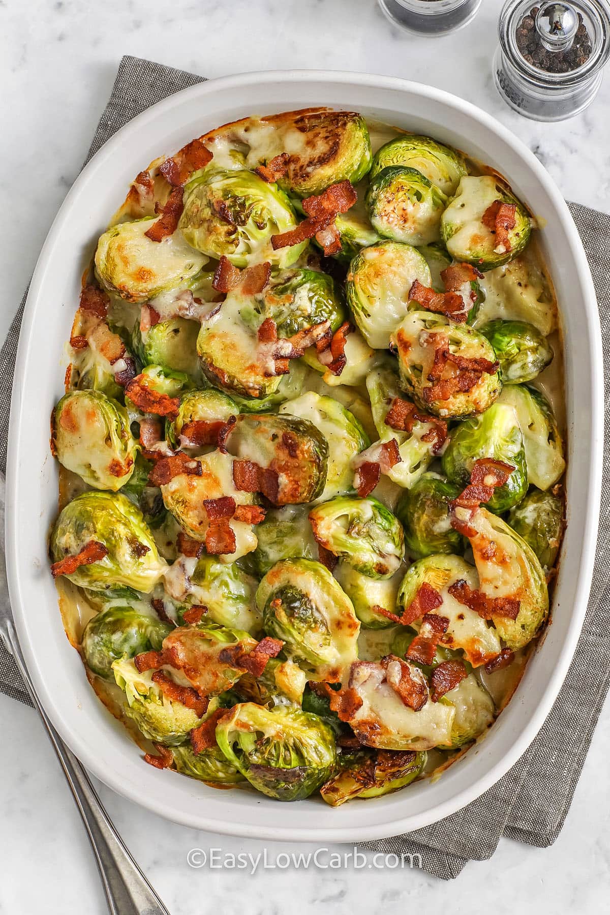 Brussel Sprout Casserole in a casserole dish