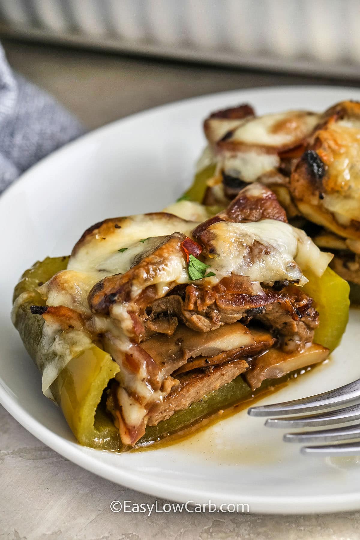 close up of Cheesesteak Stuffed Peppers on a plate