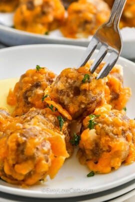 plate of Cream Cheese Sausage Balls with a piece on a fork