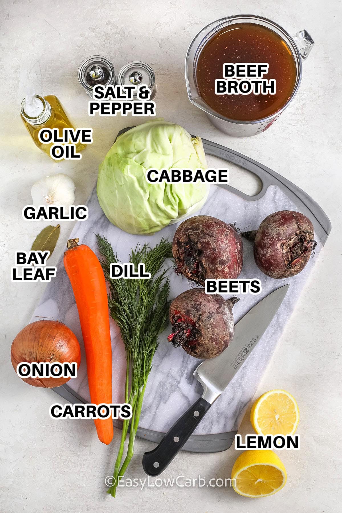 ingredients to make beet soup labelled: beef broth, salt & pepper, olive oil, cabbage, garlic, bay leaf, onion, carrots, dill, beets, and lemon