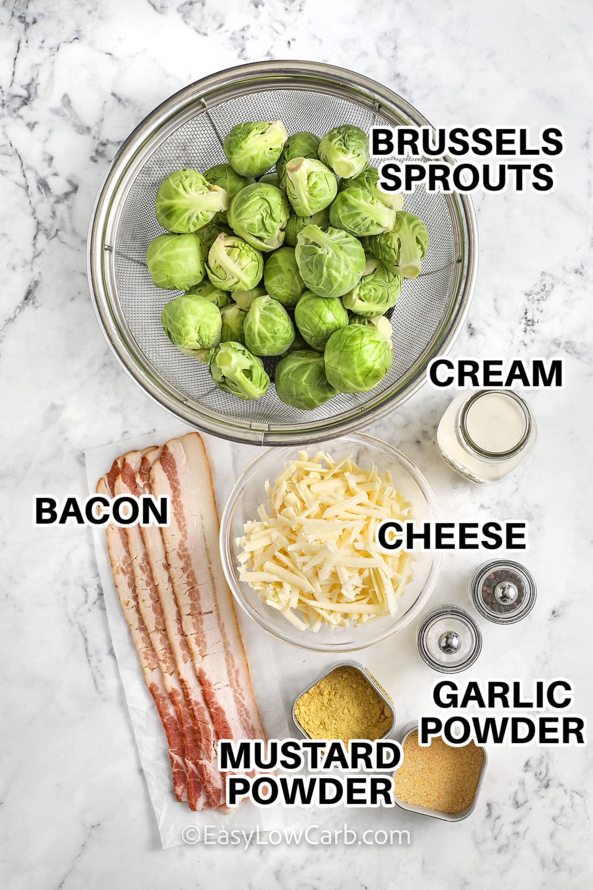 brussels sprouts , cream , cheese , mustard powder , garlic powder and bacon with labels to make Brussel Sprout Casserole